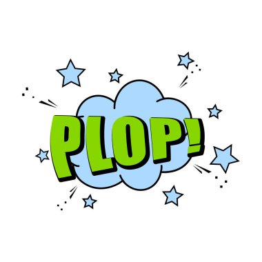 Plop comic icon, speech bubble with expression. Isolated on white cartoon font text at colorful cloud design, vector illustration. Abstract explosion drawing for retro pop art banner