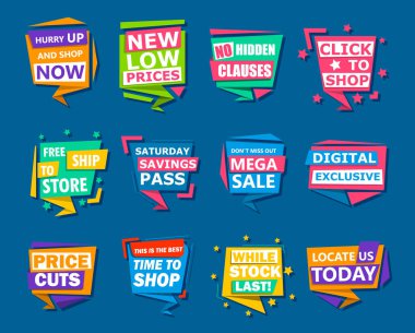 Bright set of tags, vector illustration. Marking label. Original packaging. Special discount offer