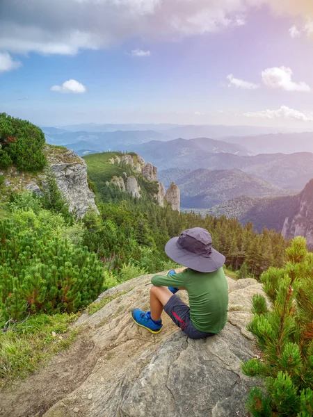 Happy Boy Hiking Mountains Conquers Summit Summer Sunny Day — Stock Photo, Image