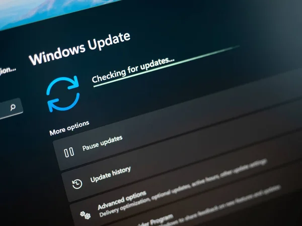 Galati, Romanya - 19 Haziran 2022: Laptop ekranında Windows 11 güncellemelerini kontrol etmek