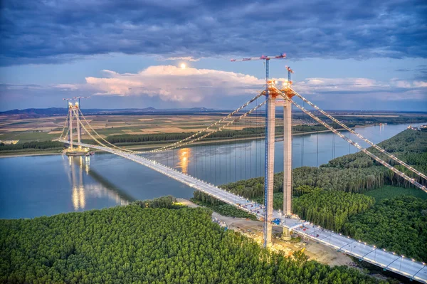 Panoramic Aerial Drone View Suspended Bridge Danube River Construction Braila — Stockfoto