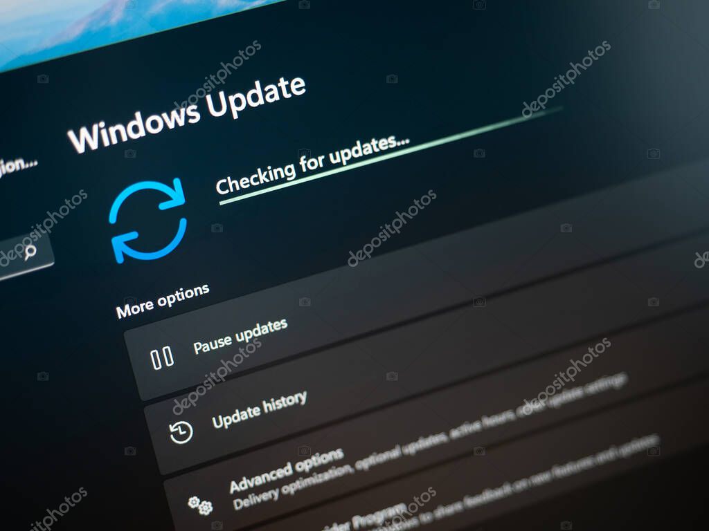 Galati, Romania - June 19, 2022: Checking for Windows 11 updates on laptop screen close up view