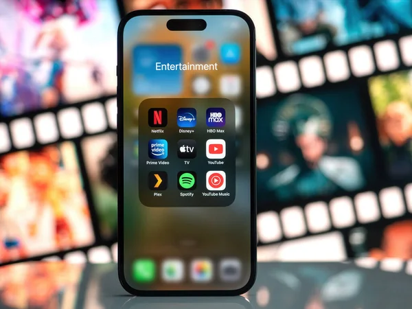 stock image Galati, Romania - October, 03 2022: Mobile app icons of entertainment services are seen on a smartphone, including Netflix, Disney+, HBO Max, Amazon Prime Video, Apple TV, Youtube, Plex, Spotify.