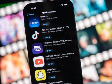 Galati, Romanya - Ekim, 03 2022: Apple App Essentials uygulamasının mobil uygulama simgeleri Disney +, TikTok, HBO Max, Youtube, Snapchat.