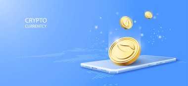 3d crypto currency on mobile wallet service. blockchain technology background. Banner vector illustration clipart