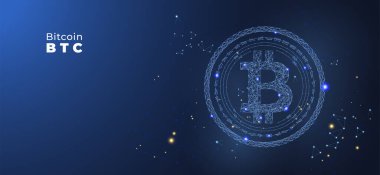 Bitcoin BTC kripto para birimi, Dijital finans parası, Teknolojiyi ademi merkeziyet, çizgi nokta bağlantılı vektör çizimi