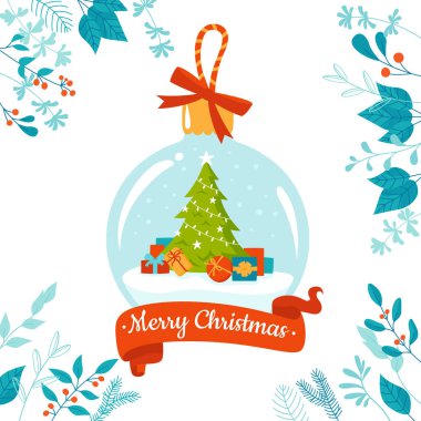 Noel balosu kırmızı kurdele Noel ağacı ve içinde hediyeler