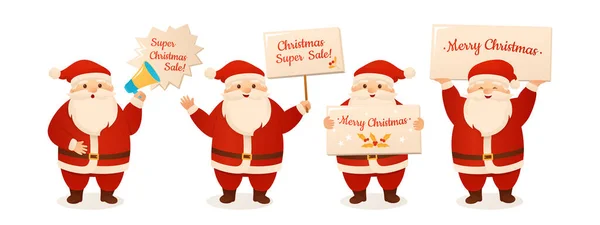 Noël Père Noël tenant panneau panneau haut-parleur bannière vente maquette carte postale — Image vectorielle