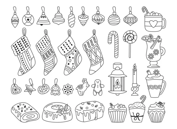 Set de garabatos de Navidad Año nuevo calcetín de jengibre vela muffin lollipop juguete noel — Archivo Imágenes Vectoriales