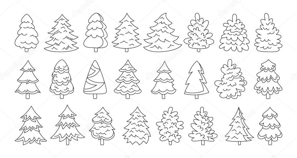 Christmas tree doodle set New Year outline symbol traditional xmas sketch