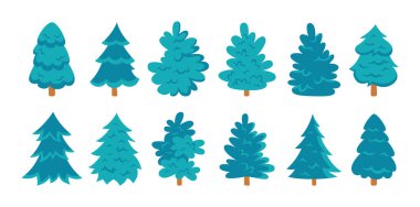 Yılbaşı ağacı sembolü geleneksel Noel ağaçları çizgi filmi seti kutluyor