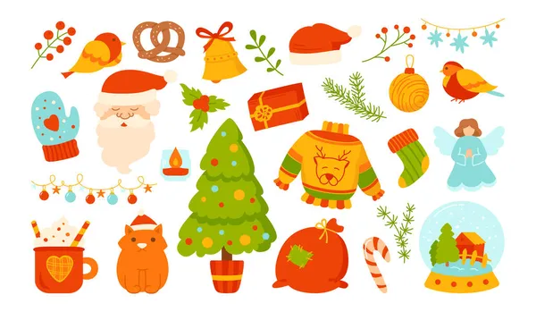 Christmas cartoon set new year santa claus garland sweater gift pretzel lollipop — Stock Vector