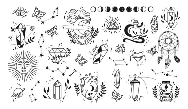 Mystique et astrologie sorcière magique symbole gribouiller éléments boho ésotériques tatouage — Image vectorielle