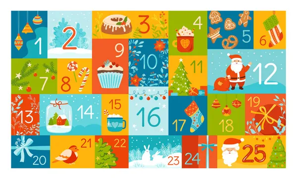 Natal dezembro advento calendário Ano Novo cartaz contagem regressiva modelo numerado —  Vetores de Stock