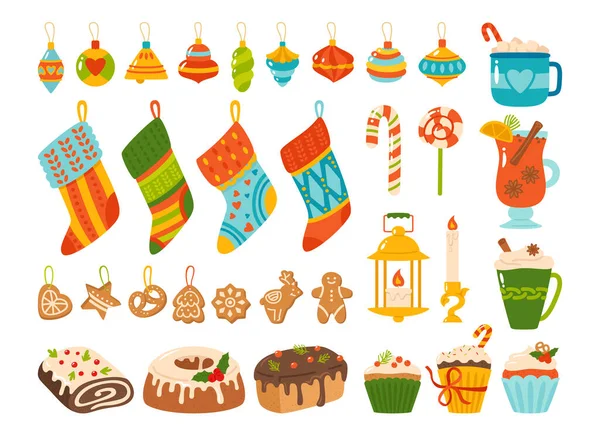 圣诞卡通片设定新年姜饼蜡烛松饼棒棒糖装饰 — 图库矢量图片