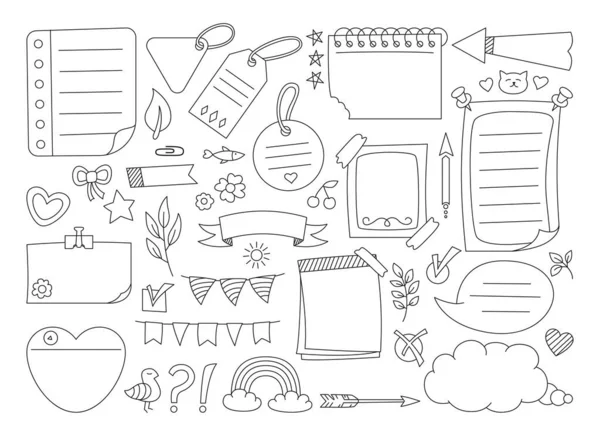 Schets plakkerig notebook notitie papier doodle set frame dagboek notitieblok en label tag — Stockvector