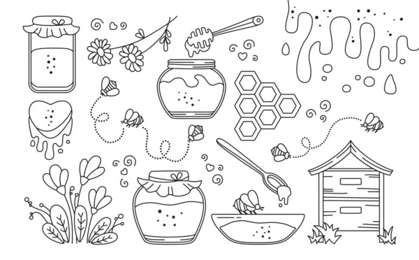 Miód szklany słoik pszczoła plaster miodu doodle zestaw dipper kropla ula propolis projekt — Wektor stockowy