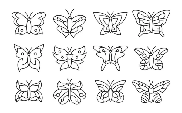Schmetterling Doodle Set Ikone Motten stilisierte tropische Insekt schwarze Kontur Flügel — Stockvektor