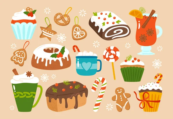 Рождественские сладости лечат набор мультфильмов Новый год пряничные кексы леденцы праздник — стоковый вектор