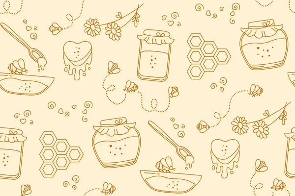 Miód szklany słoik pszczoła bezszwowy wzór doodle tapety powtórzyć bezgraniczny druk — Wektor stockowy