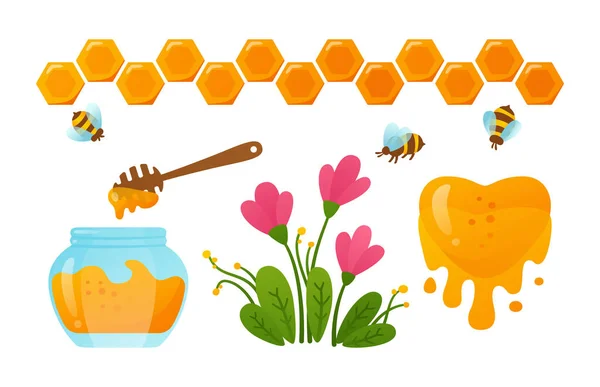 Mel frasco de vidro abelha favo de mel set dipper drop e flores coração vetor orgânico —  Vetores de Stock