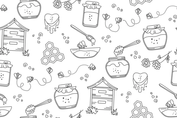 Miód szklany słoik pszczoła bezszwowy wzór doodle tapety powtarzać bezgraniczne tekstylia — Wektor stockowy