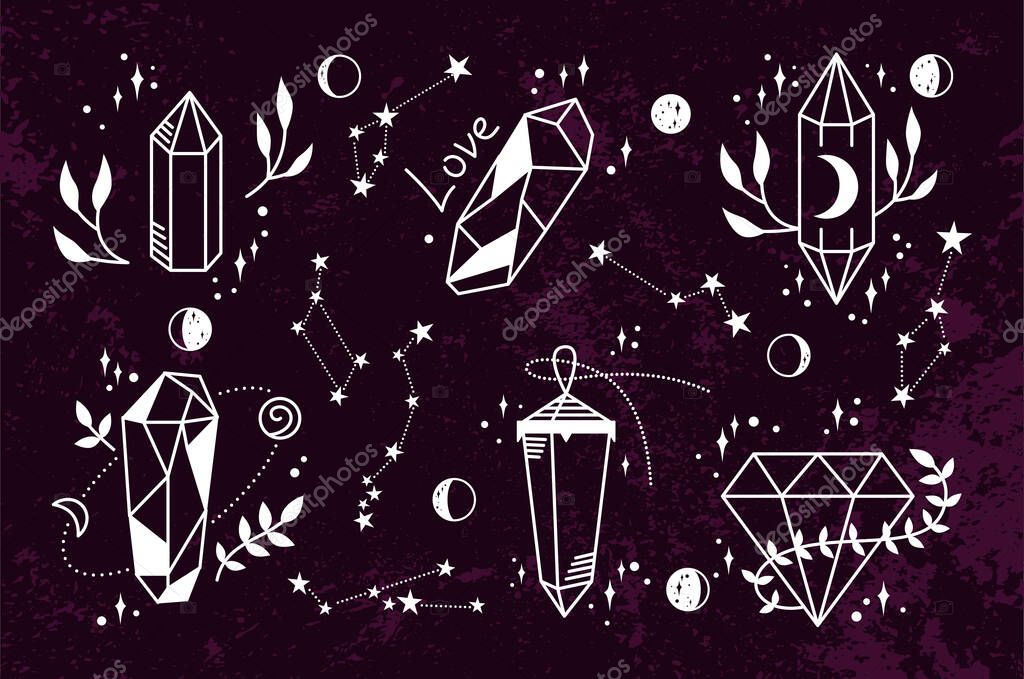 Crystal mystic witch magic symbol doodle set. Astrology, esoteric, boho elements, magic witchcraft crystals icon, tarot cards. Trendy minimalist sign fantasy occult vector dark background grunge