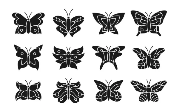 Papillon noir et blanc doodle ensemble papillons exotiques ailes stylisées abstraites — Image vectorielle