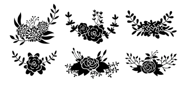 Blommig sammansättning set blomma gren svart glyf designelement — Stock vektor