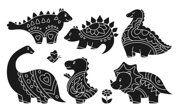 Dinosaurio infantil doodle sello conjunto reptil stencil colección dino carácter impresión divertido vector — Vector de stock