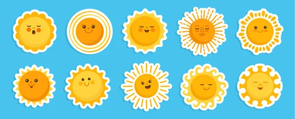 Sol emoción pegatina caricatura carácter conjunto caras verano amarillo soles divertido infantil vector clipart — Archivo Imágenes Vectoriales