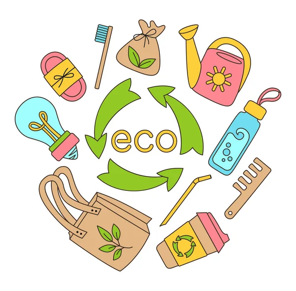 Zero Waste durable doodle eco illustration recycler écologie protection aller mode de vie vert aucun plastique — Image vectorielle