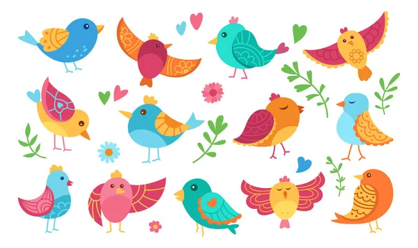 Bird with different ornaments cartoon set comic modern trendy happy character sparrow vector — 图库矢量图片