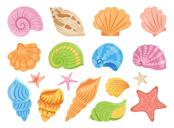 Seashells karikatura ručně kreslené set oceán hvězdice měkkýš lastura dřez voda plochý design vektor — Stockový vektor
