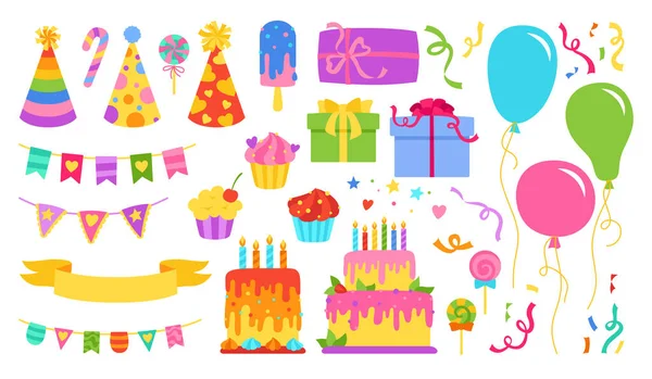 Birthday party surprise cartoon set holiday celebrate greeting anniversary invitation design — Stock Vector
