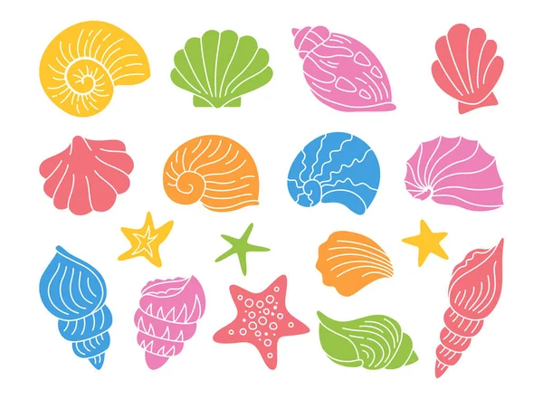 Mořské mušle razítko šablona multicolor set oceán mořská hvězdice měkkýš lastura dřez značka design element — Stockový vektor
