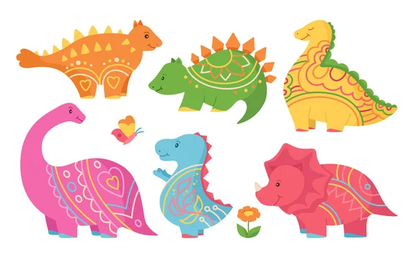 Dinosaurio infantil lindo conjunto reptil colección de dibujos animados divertido personaje dino vector — Vector de stock