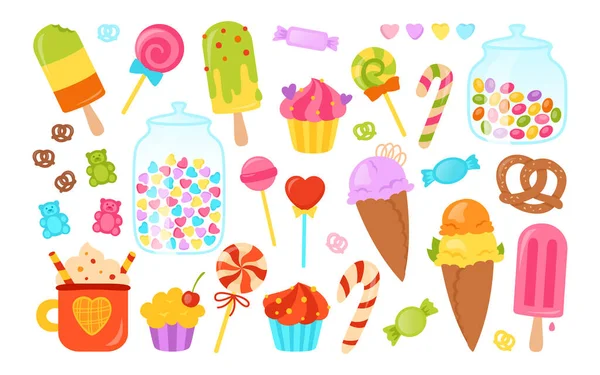 Sweets cartoon set muffin lollipop icecream pretzel chocolate kawaii party sweet food vector — Stock Vector