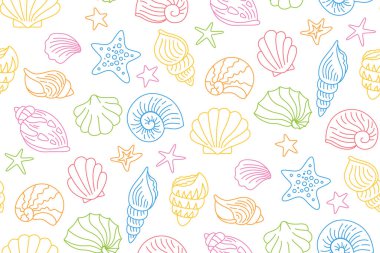 Seashells doodle wallpaper ocean marine shell starfish mollusk conch sink seamless pattern vector