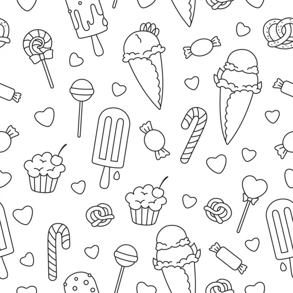 Ice cream doodle wallpaper seamless pattern outline lolly cupcake pretzel contour dessert vector — 图库矢量图片