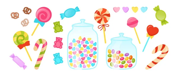 Sweets cartoon set jelly bear spiral lollipop pretzel caramel party sweet food dessert vector — 图库矢量图片