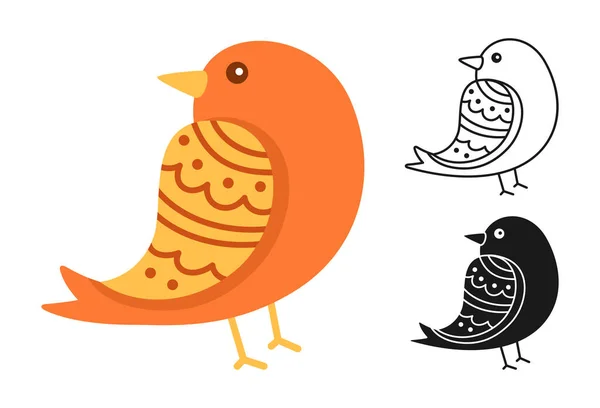 Pájaro con dibujos animados o sello diferentes adornos doodle esquema conjunto carácter cómic gorrión vector — Vector de stock