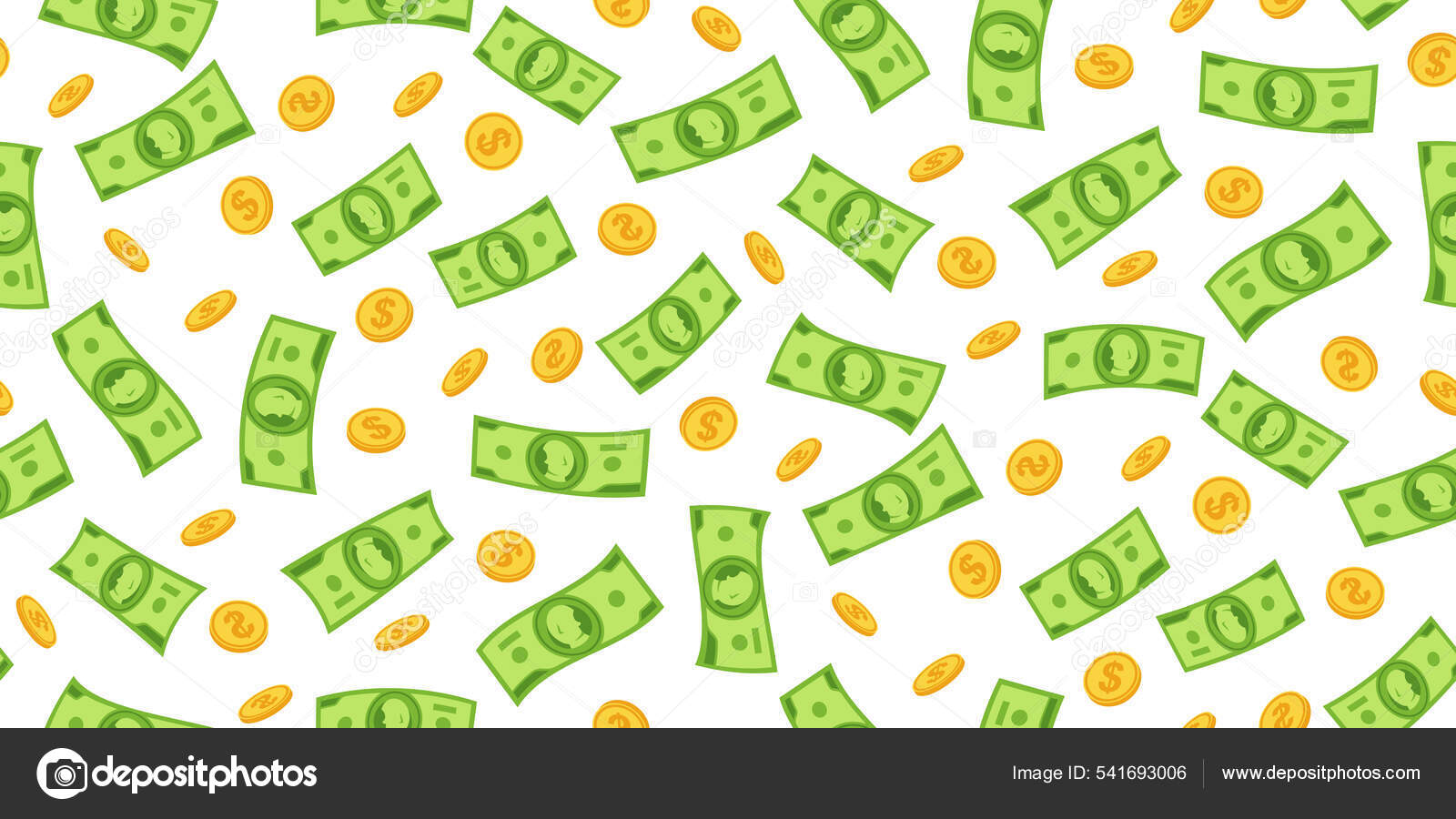 金钱雨平面卡通壁纸无缝图案纸钞票金币飞钞剪贴簿图库矢量图©neliakott 541693006, image size:1600x900