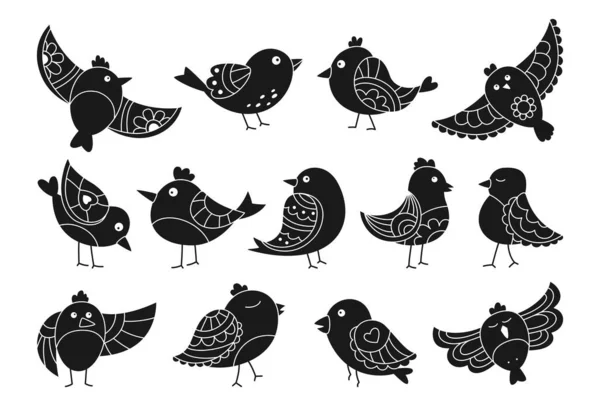 Farklı süslemelere sahip pul kuşu stencil modern moda karakter serçesi vektörüne basın — Stok Vektör