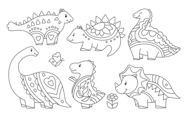 Dinosaurio infantil doodle esquema conjunto reptil colección dino lagarto carácter niños vector diseño — Vector de stock