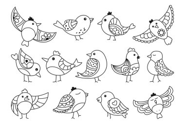 Farklı süslemelere sahip karalama kuşu ana hatları komik modern karakter vektörü olarak ayarla