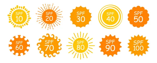 Protección solar protector solar signo conjunto sol defensa símbolo colección verano playa bronceado vector — Archivo Imágenes Vectoriales