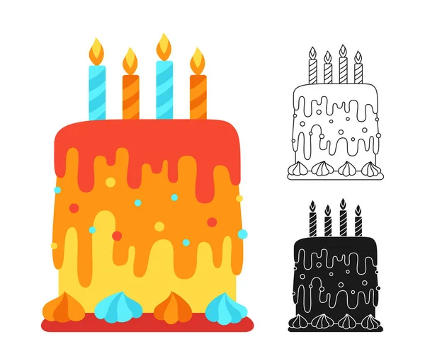 Anniversaire gâteau dessin animé ou timbre contour jeu délicieux dessert fête surprise icône vecteur de vacances — Image vectorielle