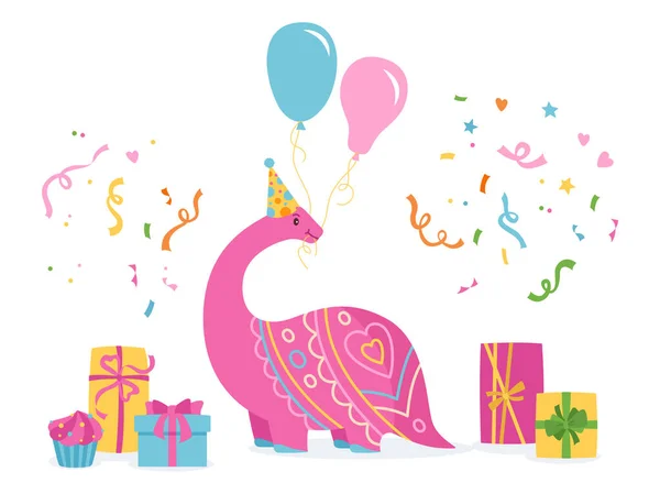 Happy birthday party dino gift box card reptile cartoon surprise invitation childish vector — Stockový vektor