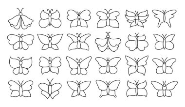 Kelebek ikonu hazır. Çizgi karala zarif egzotik güveler kanat toplama vektörü çiziyor